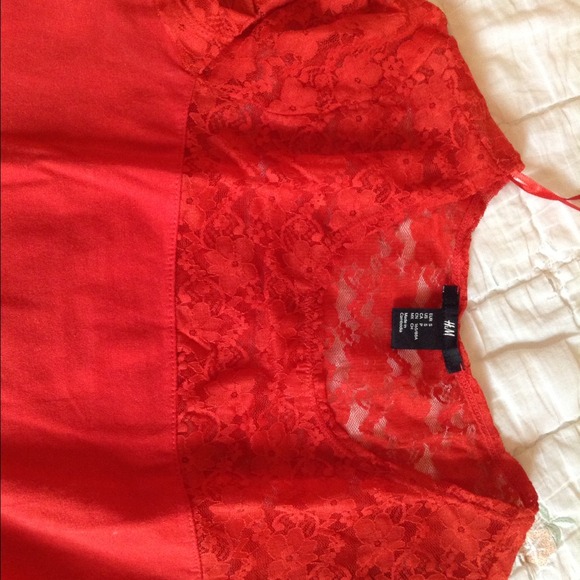 Red lacy and solid tee. - Picture 2 of 2