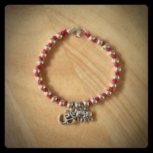 Om & Elephant Charm Silver Beads Bracelet Red Hemp