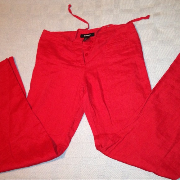 Express Red 100% Linen Drawstring Pants - Picture 3 of 3