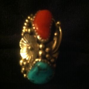 Sterling Silver Turquoise & Coral Size 6 New Ring