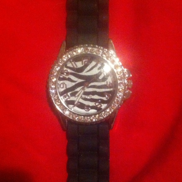 Rhinestone black & white zebra print jelly watch