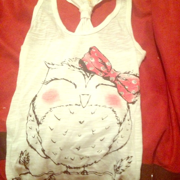 Tops - White Tank with girly red bow owl