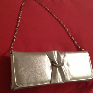 Silver clutch evening bag with silver chain