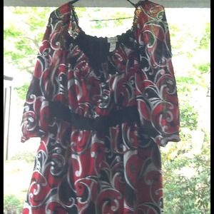 Red black and white blouse