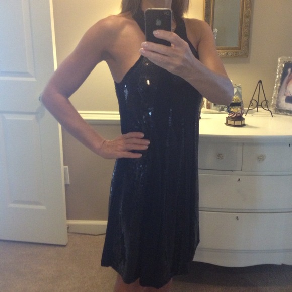 INC black Sequin and Jersey swing dress
