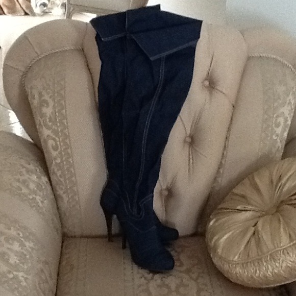 Dark denim knee high boot