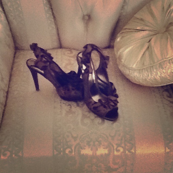 Brown satin open toe heel