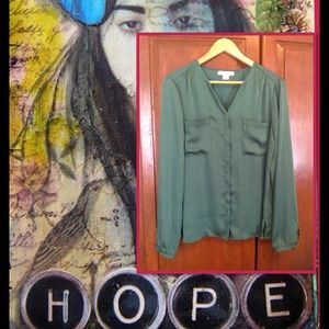 Rich emerald green button down silky blouse