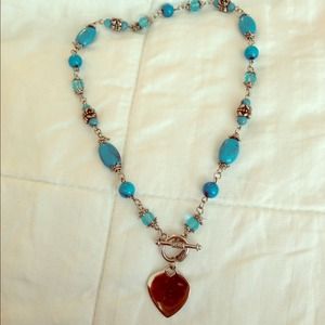 Blue Beaded Necklace with Heart Charm 💗