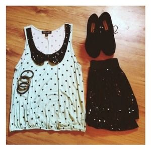 💟SOLD💟Mint Blue Black Polka Dot Bib Collar Top