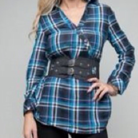 Blue and black plaid belted shirt