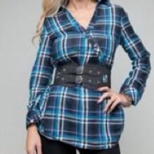 Blue and black plaid belted shirt