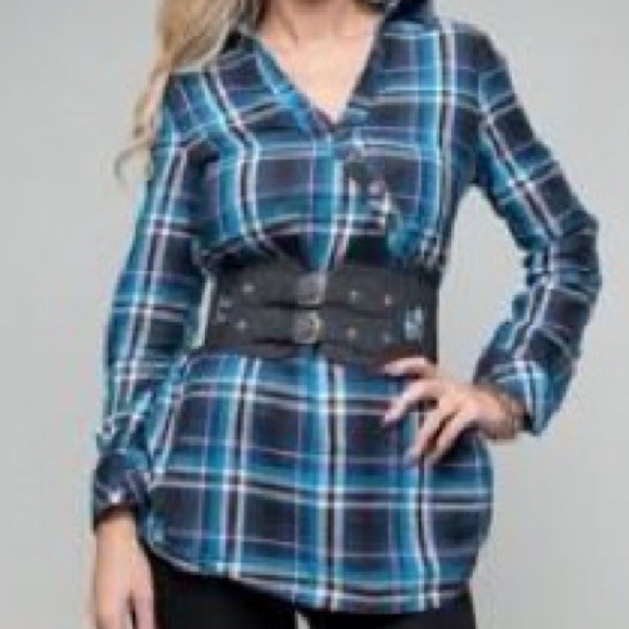Blue and black plaid belted shirt