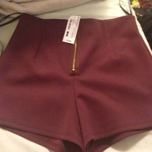 High waisted maroon shorts with gold zipper