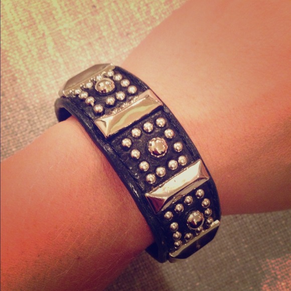 Rebecca Minkoff Black Leather Flower Stud Bracelet