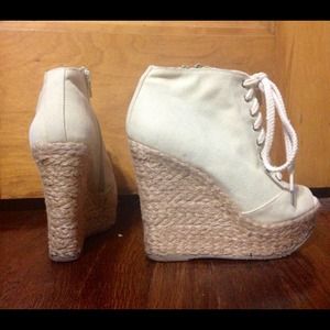 Beige Canvas Raffia Wedge