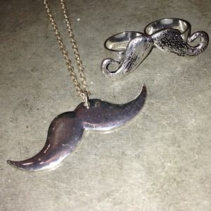 Mustache necklace and two finger ring set