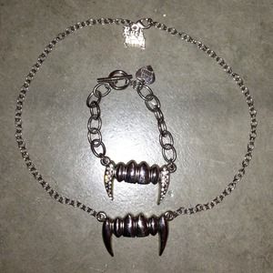 Vampire teeth necklace and rhinestone bracelet set