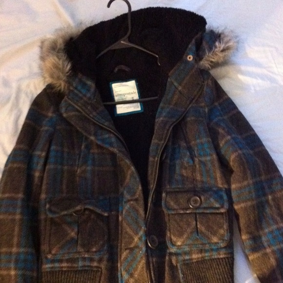 HOLD and blue plaid jacket with fur lined hood