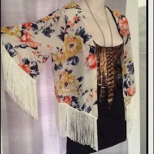 Floral kimono jacket with fringe Floral kimono jacket with fringe