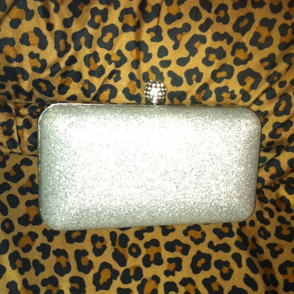 glittery silver clutch with long chain
