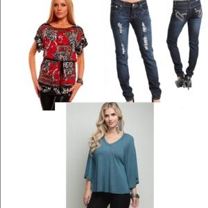 Red fantasy top, size 13 jeans, large teal top