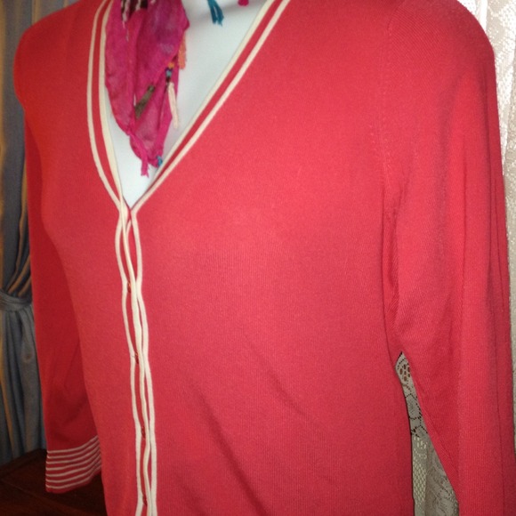 Ladies XL Cardigan. Coral with white strips. - Picture 2 of 3