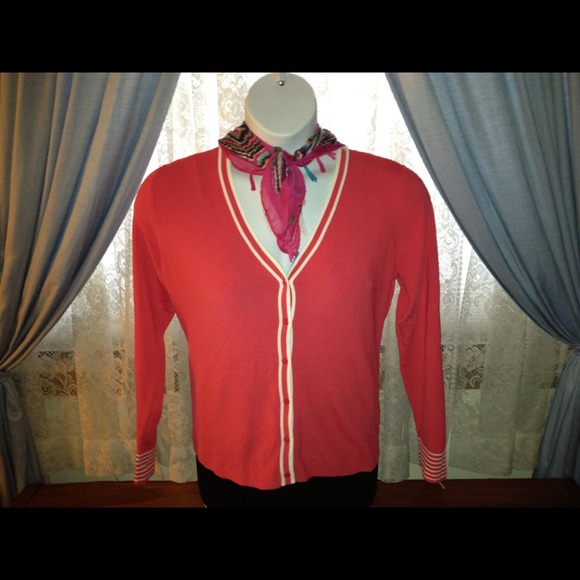 Ladies XL Cardigan. Coral with white strips. - Picture 3 of 3