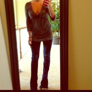 Grey long shirt with low v-neck