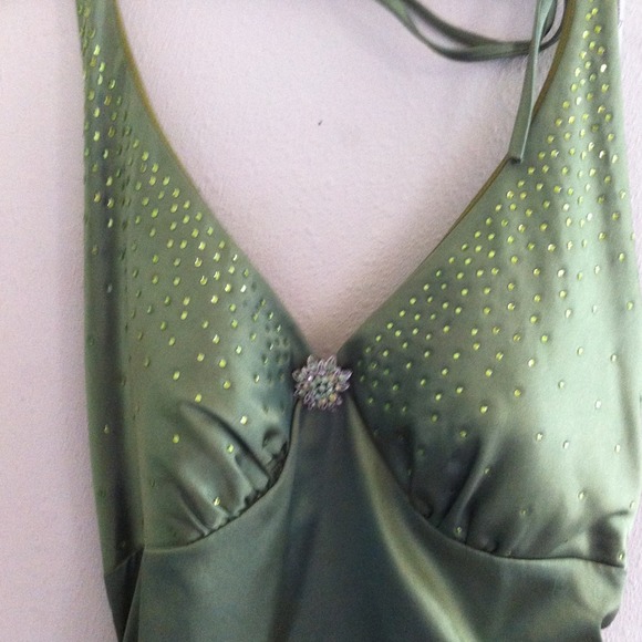 Lime green v neck floor length dress lace up back