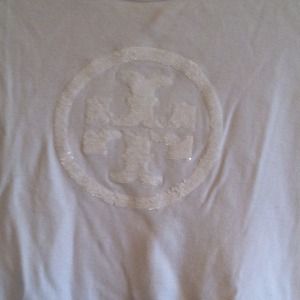 Tory Burch l/s white tee w white sequin logo Med