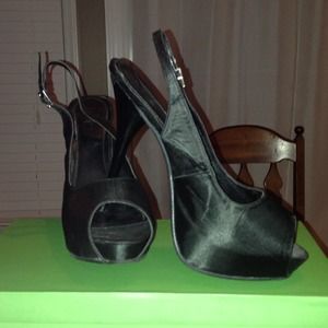 Black Satin Platform Peep Toe Pumps