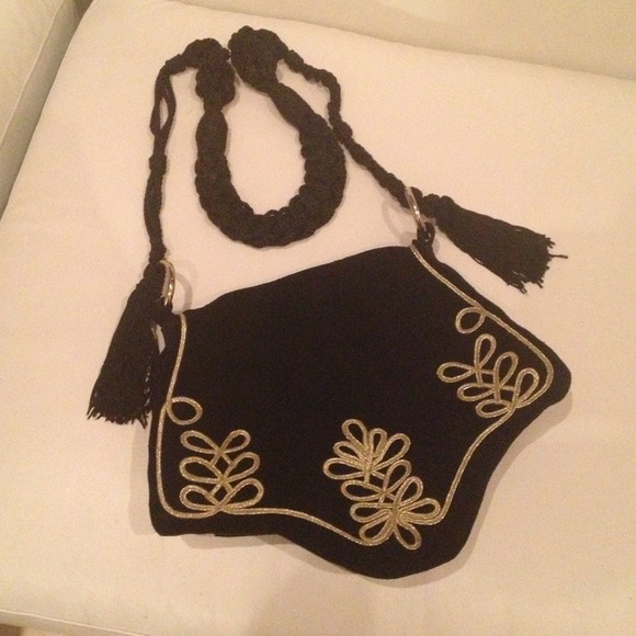 Black suede messenger with gold embroidery