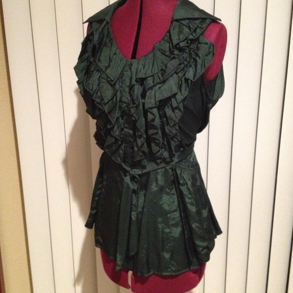 Ruffled dark green silky sleeveless blouse