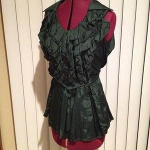 Ruffled dark green silky sleeveless blouse