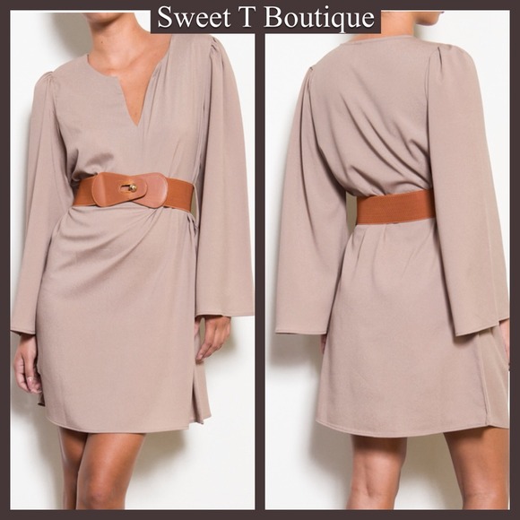 ❌❌SOLD❌❌Taupe V-Neck Bell Sleeve Dress