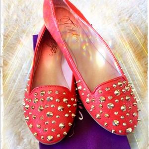 Fergie orange leather gold spiked loafers!