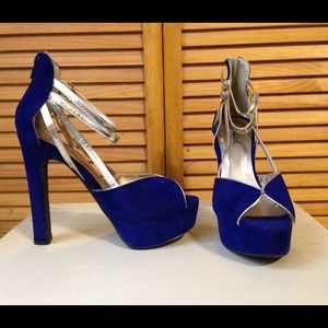 Royal blue and gold suede high heels