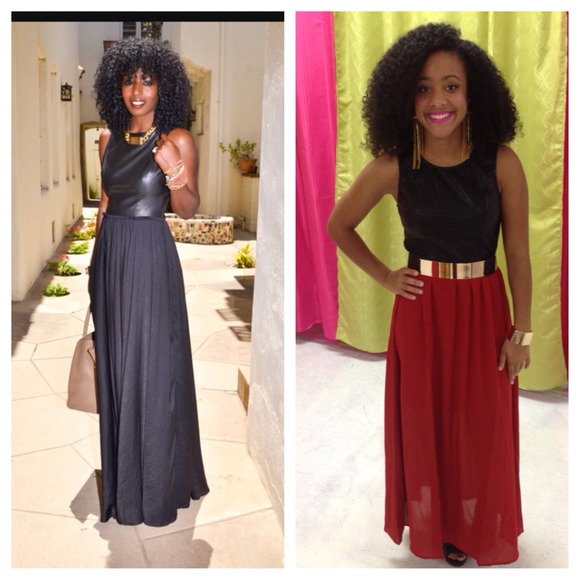 Leatherette bodice maxi dress (black and wine)