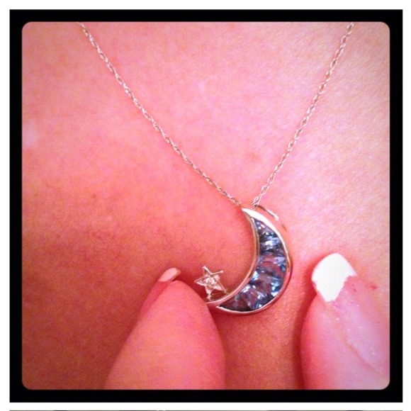White Gold Topaz Crescent Moon & Diamond Necklace - Picture 4 of 4