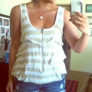 Tan and white ruffled stripe zip up shirt