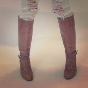 LOEFFLER RANDALL tan leather knee high boots