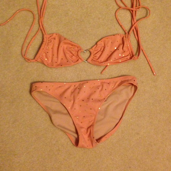 Peach bikini with gold polka dots/gold hardware
