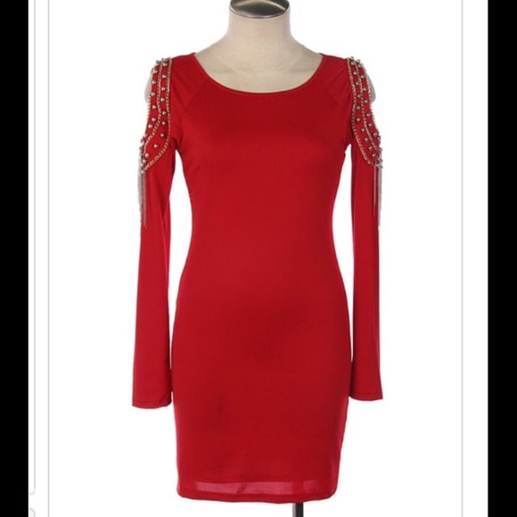 Red Beaded & Chain Detailed Dress
