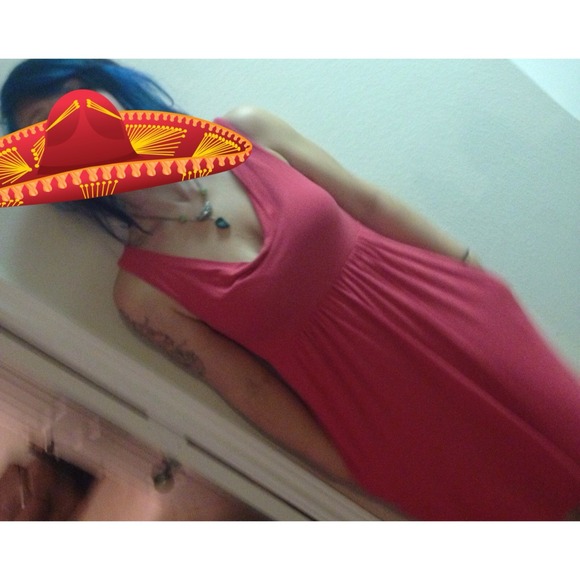 Red slinky dress; sleeveless w/pockets &loose neck