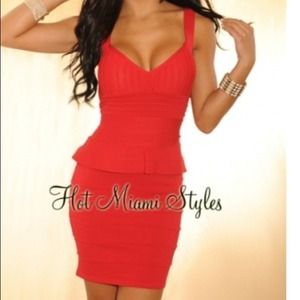 Red peplum sleeveless bandage dress