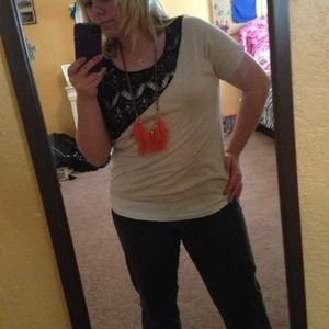 Asymmetrical Solid Cream-Colored/Black Lace Top