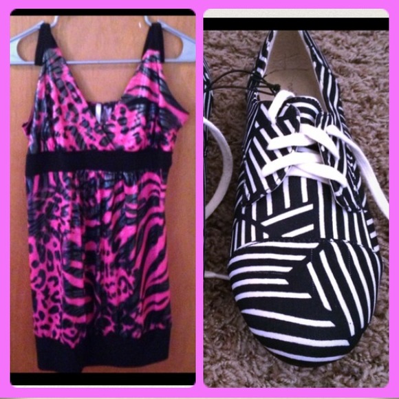 Striped shoes&pink leopard tank