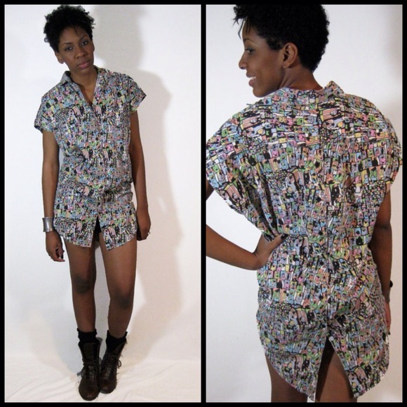 80s button back shirt w/ people print, vintage