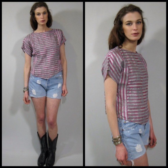 vintage V hem striped woven top